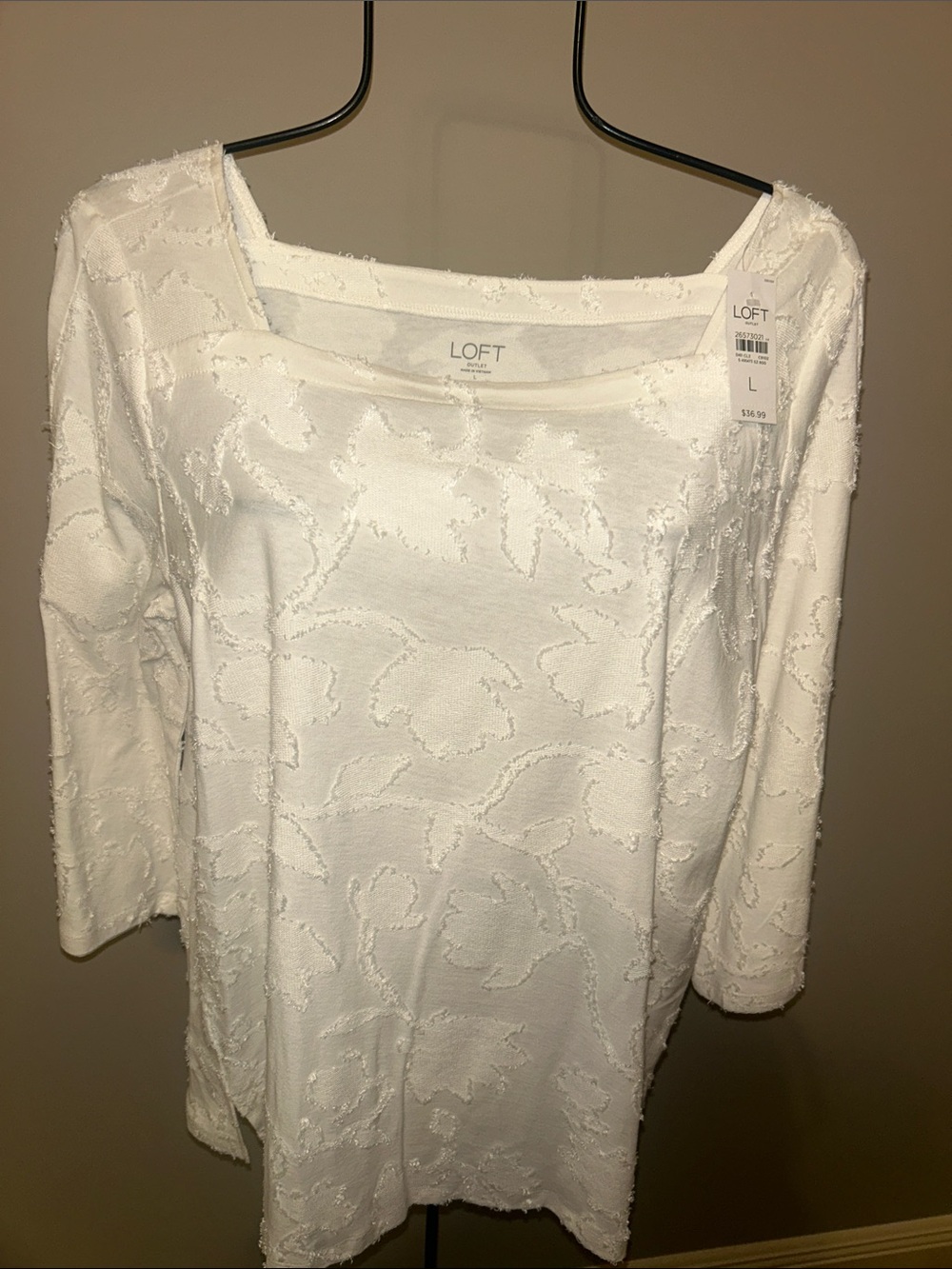LOFT White Raised Floral Knit Scoop Neck Top